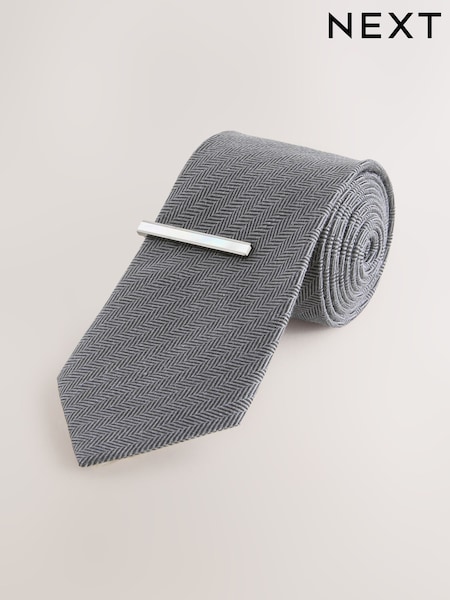 Grey Herringbone Tie with Mother of Pearl Tie Clip (AY9013) | £30