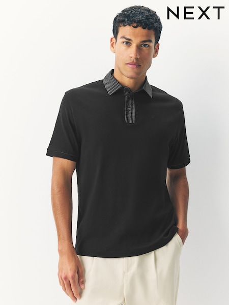 Black Check Short Sleeve Smart Collar Polo Shirt (AY9082) | £28
