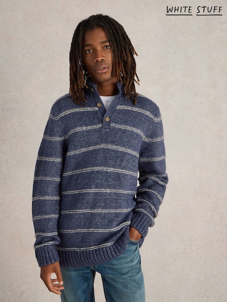 White Stuff Blue Breton Stripe Button Neck Jumper (AY9110) | £65