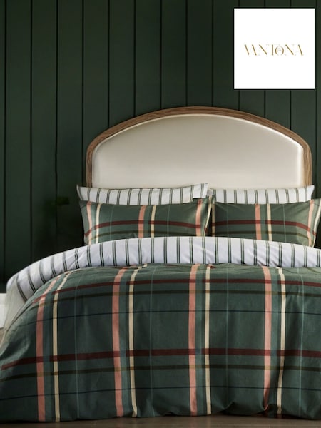 Vantona Green Brushed Plaid Quilt 100% Cotton Cover Set (AY9167) | £25 - £45