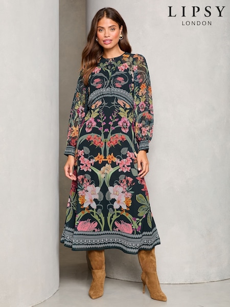 Lipsy Black Petite Leopard Print Long Sleeve Woven Underbust Midi Dress (AY9202) | £68