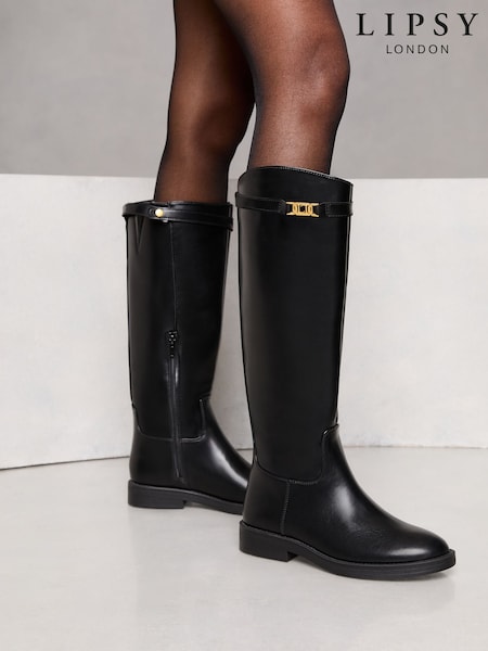 Lipsy Black Flat Long Knee High Faux Leather Riding Boots (AY9211) | £75