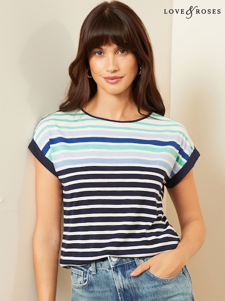 Love & Roses Blue Ombre Stripe Crew Neck Jersey T-Shirt (AY9229) | £24