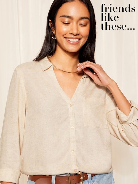 Friends Like These Natural Long Sleeve Button Through Shirt with Linen (AY9260) | £32