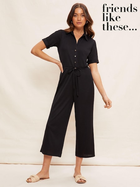 Friends Like These Black Jersey Short Sleeve Button Up Wide Leg Jumpsuit (AY9263) | £44
