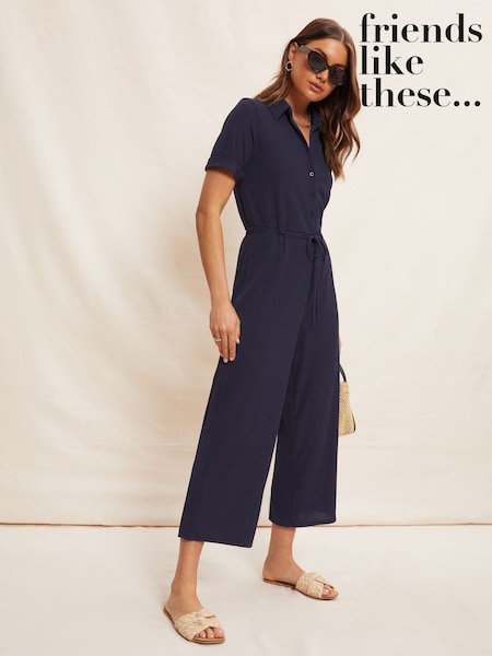 Friends Like These Blue Jersey Short Sleeve Button Up Wide Leg Jumpsuit (AY9277) | £44