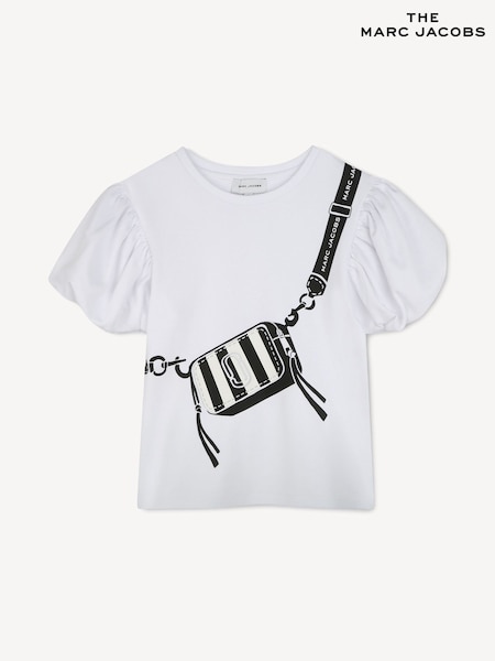 Marc Jacobs White Logo Crossbody Bag Print T-Shirt With Puff Sleeve Detail (AY9415) | £65