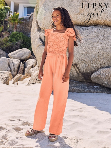 Lipsy Coral Orange Crochet Holiday Shop Jumpsuit (5-16yrs) (AY9420) | £30 - £38