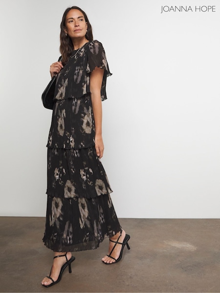 Joanna Hope Tiered Pleated Black Printed Angel Sleeve Dress (AY9429) | £99