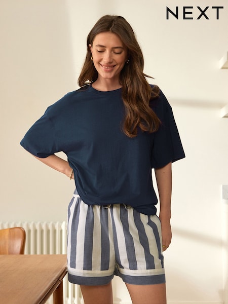 Navy Stripe 100% Cotton Short Set Pyjamas (AY9561) | £25