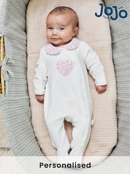 JoJo Maman Bébé White Personalised Velour Appliqué Collar Sleepsuit (AY9756) | £29
