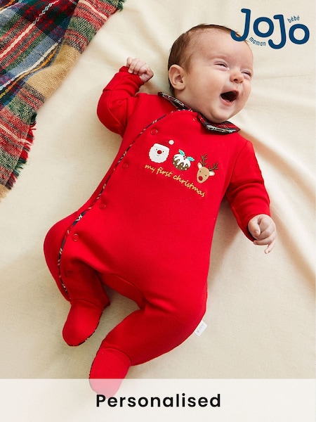 JoJo Maman Bébé Red Tartan Personalised My First Christmas 100% Cotton Sleepsuit (AY9757) | £29