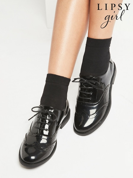 Lipsy Black Lace Up Flat Patent Brogue School Shoes (AY9855) | £28 - £34
