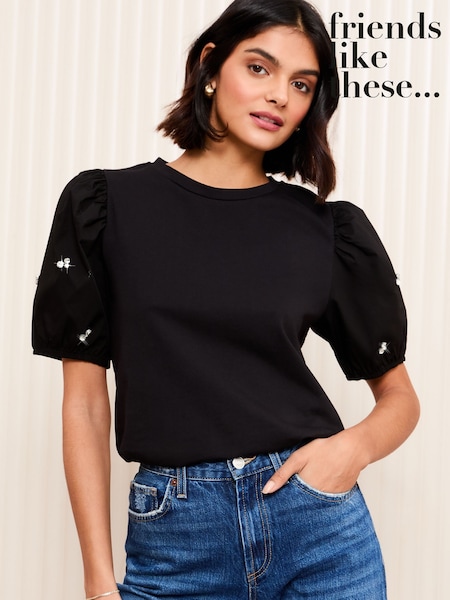Friends Like These Black Short Sleeve Poplin Diamante Puff Sleeve 100% Cotton T-Shirt (AY9944) | £26