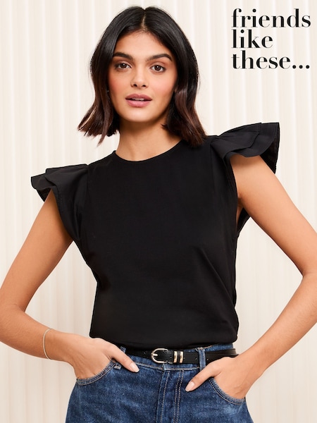 Friends Like These Black Poplin Ruffle Short Sleeve T-Shirt (AY9945) | £23
