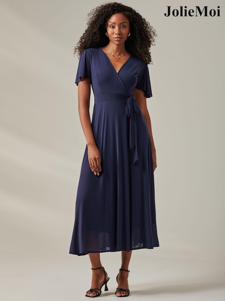 Jolie Moi Blue Plain Angel Sleeve Wrapped Maxi Dress (AY9974) | £85