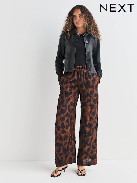 Brown Animal Print Crinkle Satin Wide Leg Trousers (AY9996) | £30