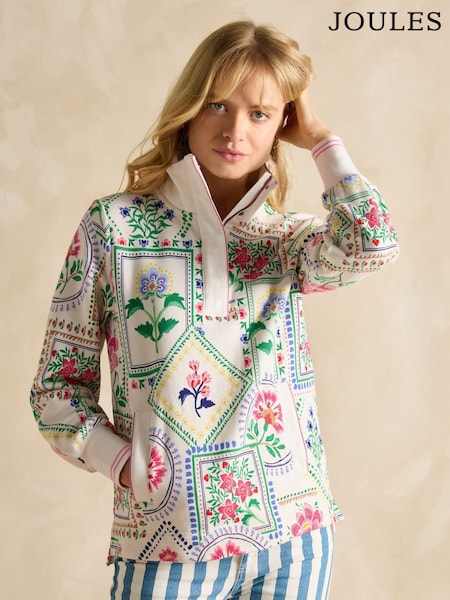 Joules Burnham Cream Tile Print Cotton Funnel Neck Quarter Zip Sweatshirt (B00287) | £70