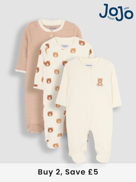 JoJo Maman Bébé Natural Cream Cotton Footed Animal Print Sleepsuits 3-Pack (B00542) | £29.50
