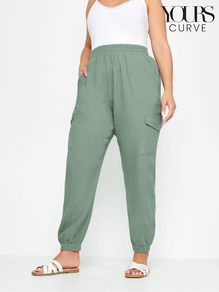 Yours Curve Green 100% Cotton Cheesecloth Cuffed Joggers (B00992) | £27