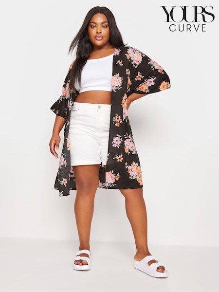 Yours Curve Black Red Floral Print Longline Kimono (B01331) | £29