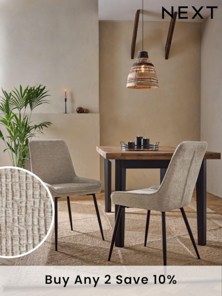 Set of 2 Textured Chenille Light Natural Hamilton Black Leg Quilted Dining Chairs (B01643) | £270
