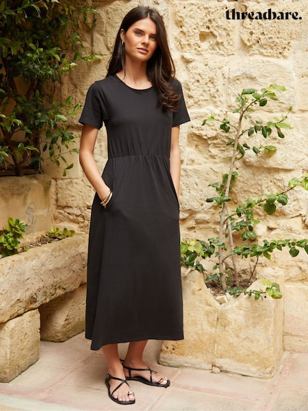 Threadbare Black 100% Cotton Smock Style Midi Dress (B01922) | £20