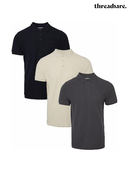 Threadbare Black Ecru Slate Cotton Pique Polo Shirts 3 Pack (B02773) | £45
