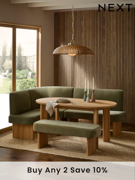 Relaxed Chenille Light Olive Nomad Left Hand Corner Dining Table and Corner Bench Set (B02823) | £1,899