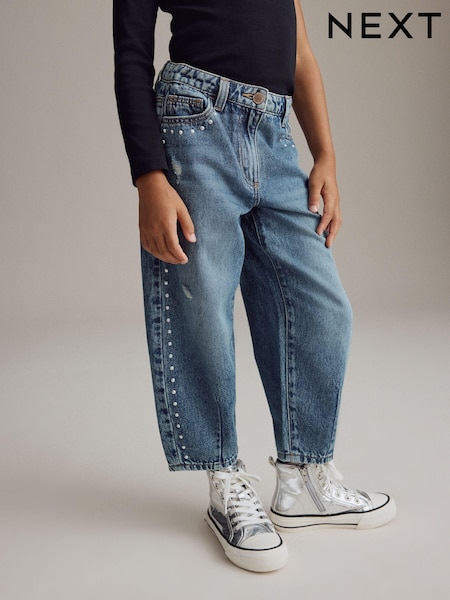 Mid Blue Denim Stud Embellished Barrel 100% Cotton Jeans (3-16yrs) (B02937) | £18 - £23