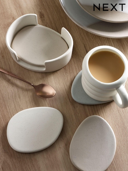 Natural Scandi Ceramic Pebble Coasters in Holder (B04694) | £16