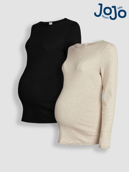 JoJo Maman Bébé Oatmeal Cream & Black 2-Pack Ribbed Jersey Maternity Tops (B04930) | £36