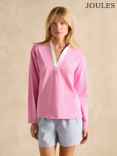 Joules Tallie Pink Long Sleeve Combed Cotton Collared Top (B05075) | £40