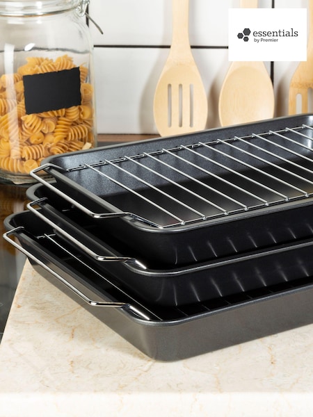 Essentials by Premier Black Set Of Three Roasting Trays With Wire Racks (B06160) | £35