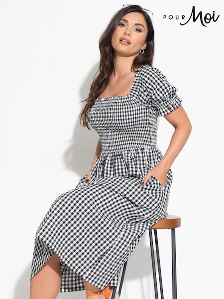 Pour Moi Black 100% Cotton Daisy Shirred Bodice Gingham Short Sleeve Woven Midi Dress (B06426) | £55