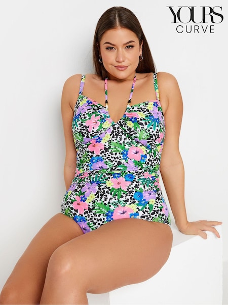 Yours Curve Black Multi Floral Print Halter Swimsuit (B06644) | £34