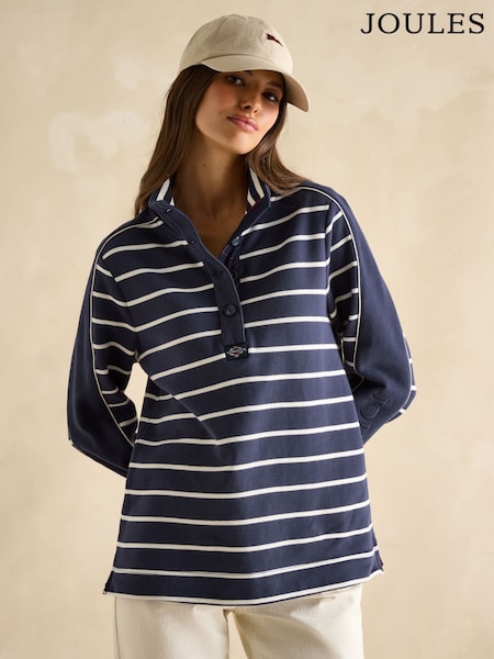 Joules Southwold Navy Blue Cotton Button Down Striped Sweatshirt (B07109) | £65