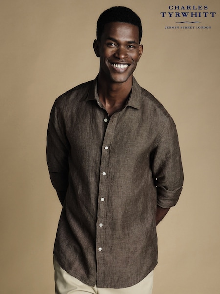 Charles Tyrwhitt Brown/Cream Slim Fit Plain Short Sleeve Pure 100% Linen Shirt (B07473) | £75