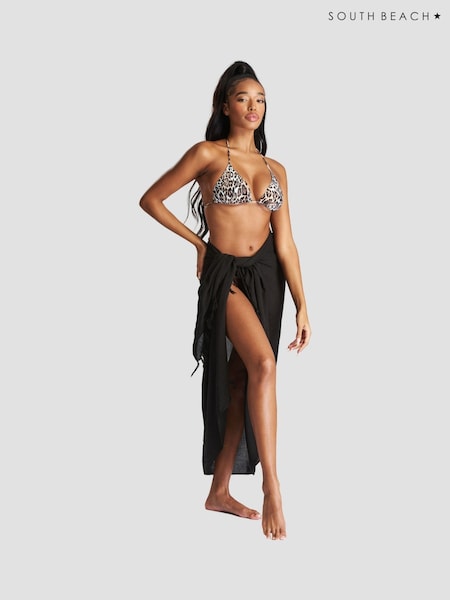 South Beach Black Crinkle Viscose Fringed Sarong Cover-Up (B10493) | £22