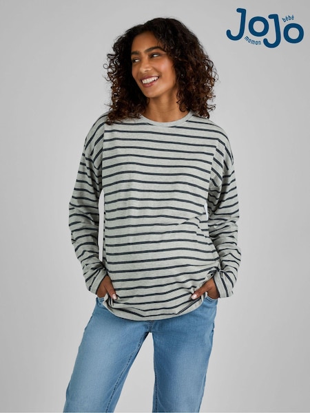 JoJo Maman Bébé Grey Stripe Long Sleeve Boyfriend Maternity T-Shirt (B10561) | £19.50