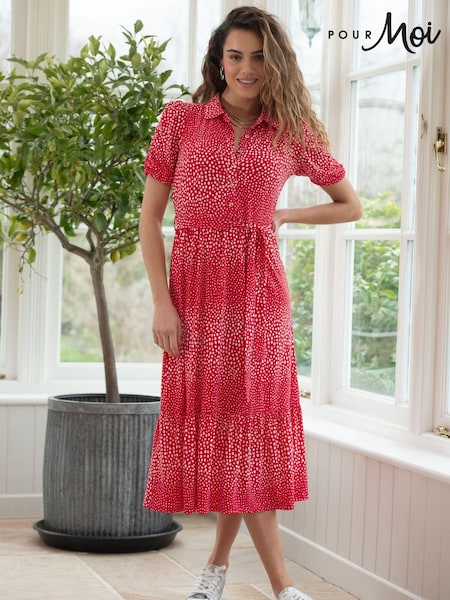 Pour Moi Red Jodie Fuller Bust Slinky Jersey Tiered Midi Shirt Dress (B10745) | £55