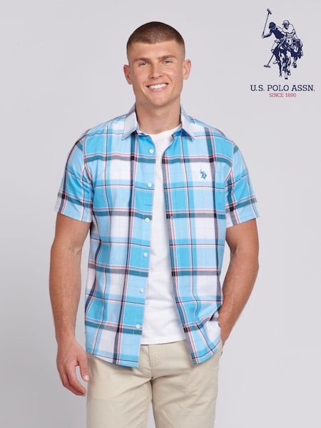 U.S. Polo Assn. Blue Mens Short Sleeve 100% Cotton Check Shirt (B10975) | £60
