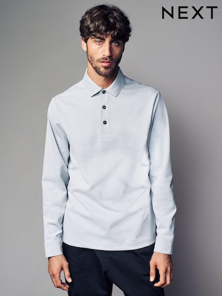 Grey Long Sleeve Smart Button Neck Polo Shirt (B11108) | £34