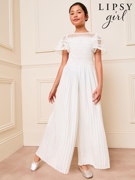 Lipsy White Flutter Sleeve Lace Occasion Jumpsuit (5-16yrs) (B11127) | £36 - £42