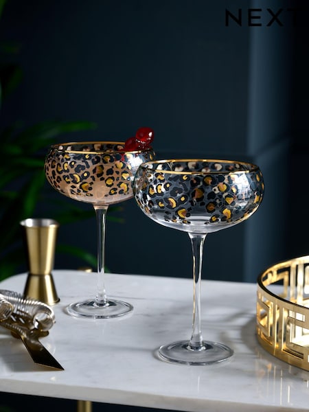 Set of 2 Black Leopard Print Coupe Glasses (B11396) | £18