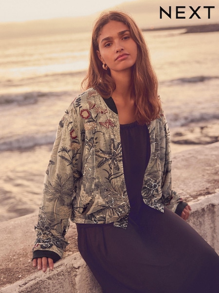 Gold Sparkle Palm Embroidered Bomber Jacket (B11678) | £68