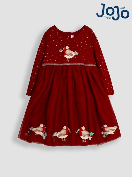 JoJo Maman Bébé Red Robin Appliqué Tulle Party Dress (B12088) | £18 - £21