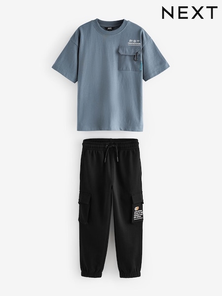 Grey/Blue Utility 100% Cotton Short Sleeve T-Shirt and Joggers Set (3-16yrs) (B12181) | £22 - £30