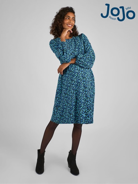 JoJo Maman Bébé Blue Floral Round Neck Double Layer Maternity & Nursing Dress (B12365) | £42.50