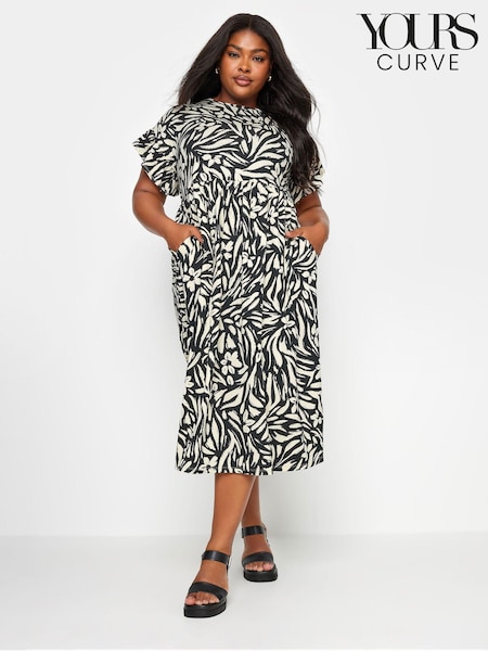 Yours Curve Black Tropical Print Pure 100% Cotton Midaxi Dress (B12409) | £32